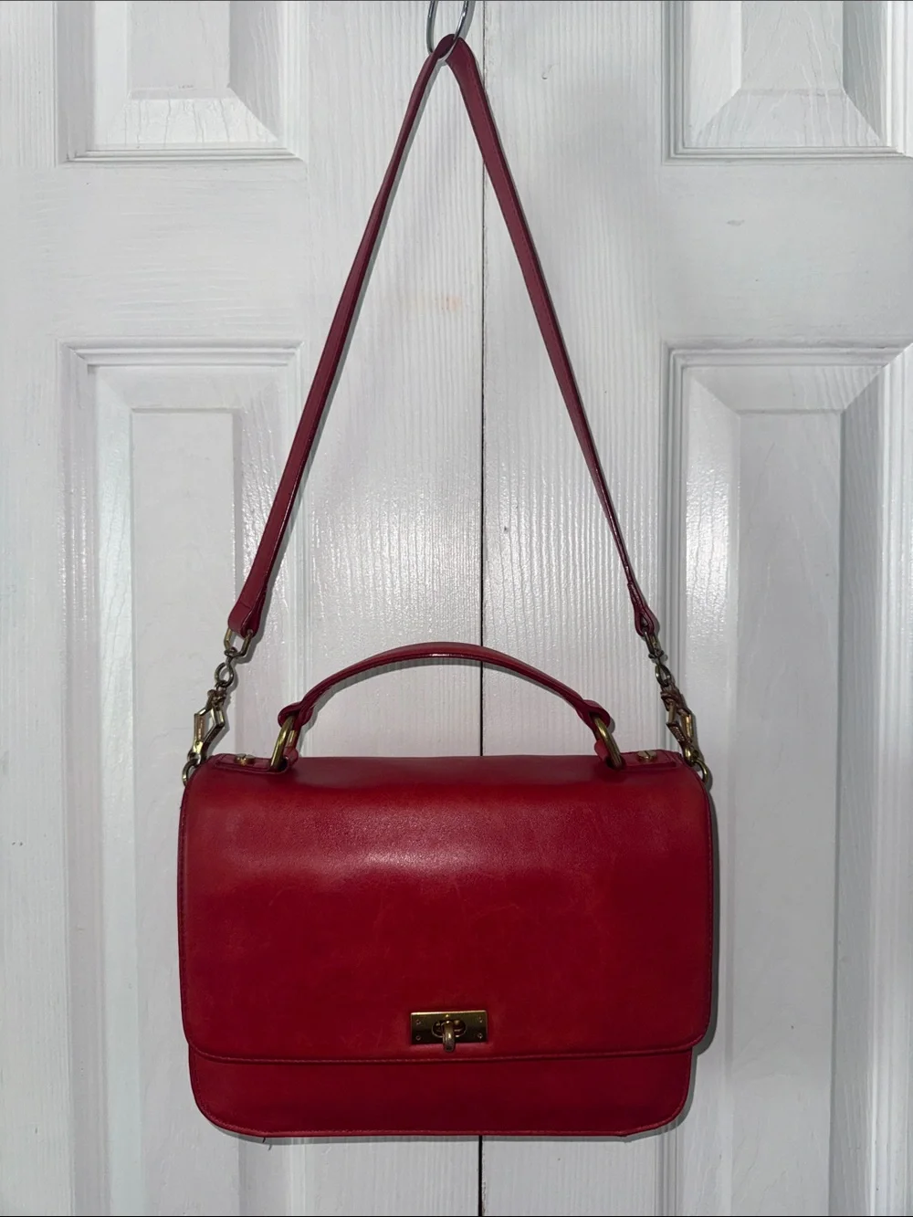 J. Crew Red Leather Top-Handle Satchel with Shoulder Strap Model 2011